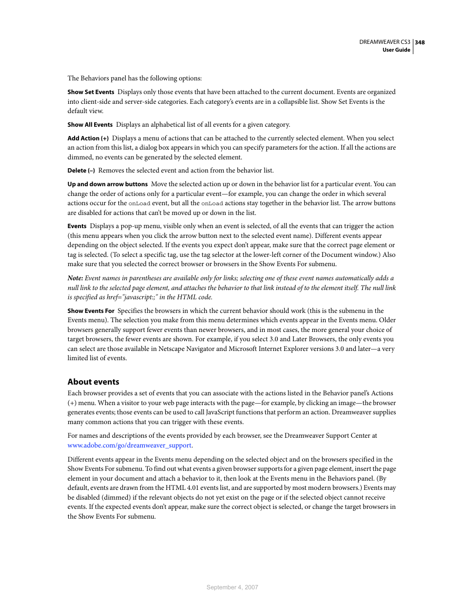 About events | Adobe Dreamweaver CS3 User Manual | Page 355 / 738