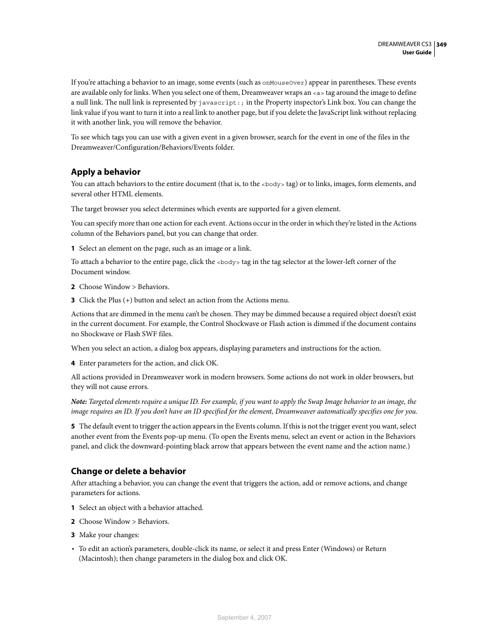Apply a behavior, Change or delete a behavior | Adobe Dreamweaver CS3 User Manual | Page 356 / 738