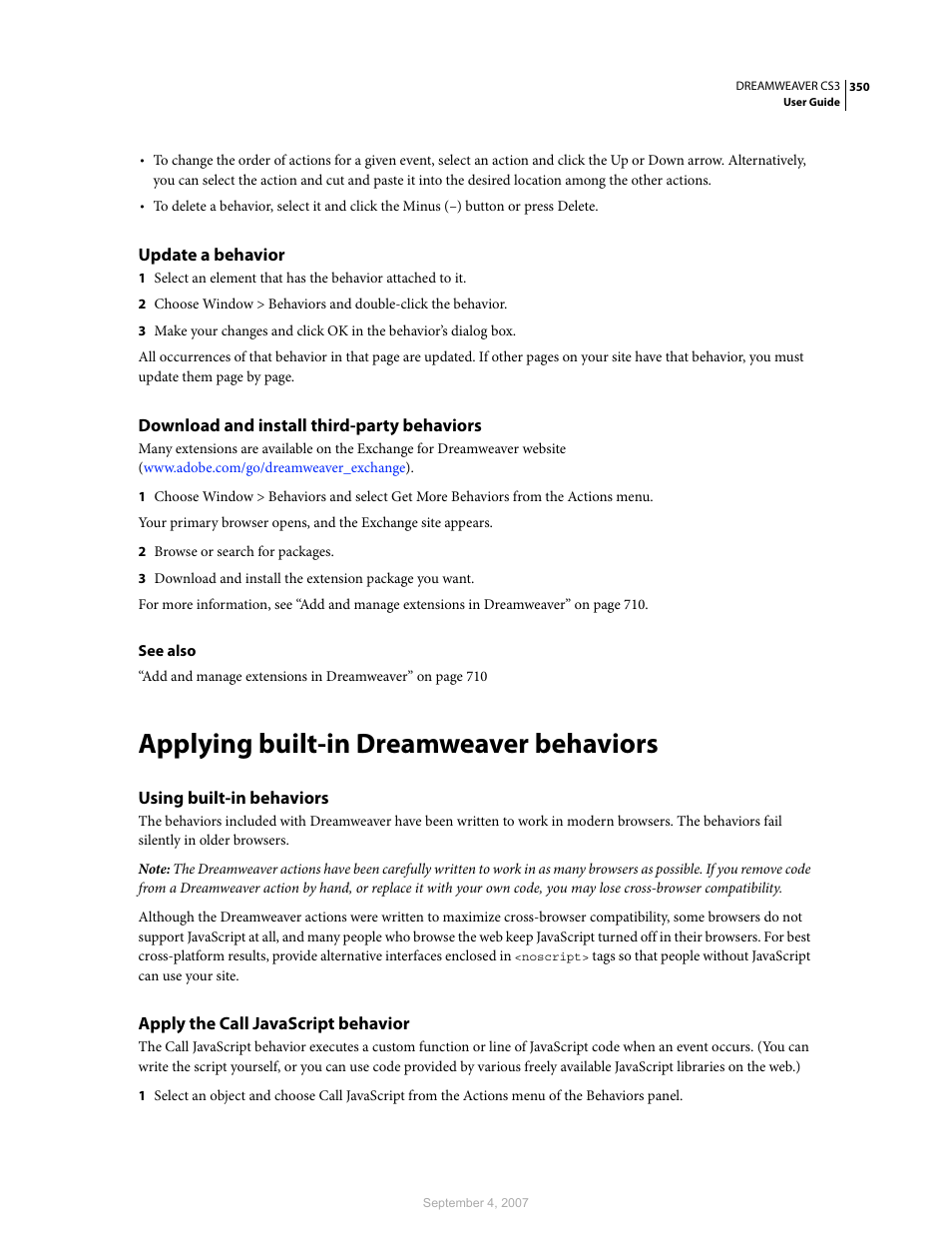 Update a behavior, Download and install third-party behaviors, Applying built-in dreamweaver behaviors | Using built-in behaviors, Apply the call javascript behavior | Adobe Dreamweaver CS3 User Manual | Page 357 / 738