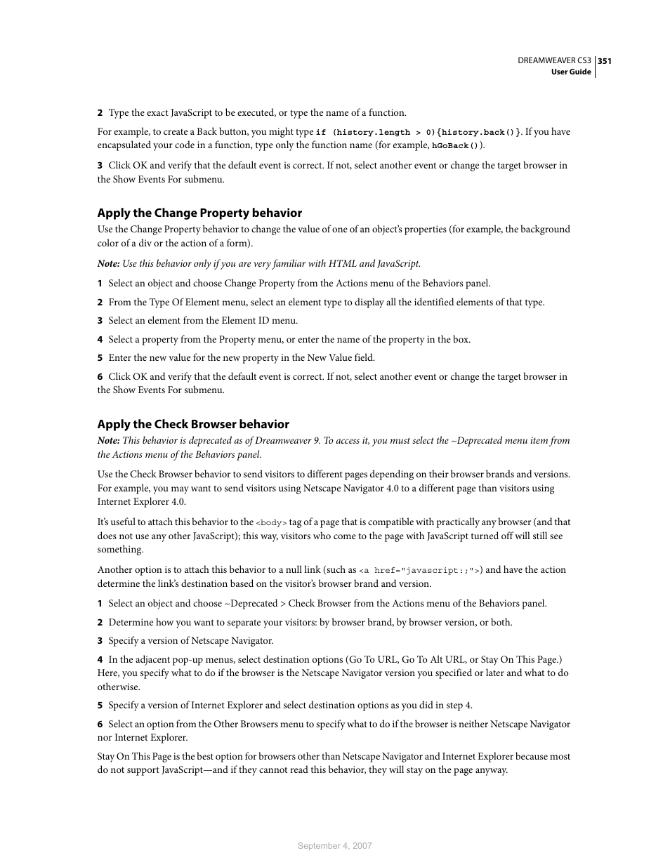 Apply the change property behavior, Apply the check browser behavior | Adobe Dreamweaver CS3 User Manual | Page 358 / 738