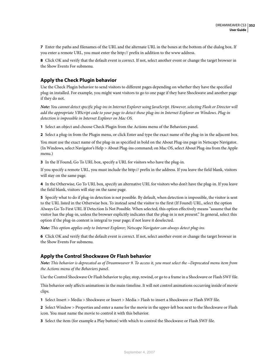 Apply the check plugin behavior, Apply the control shockwave or flash behavior | Adobe Dreamweaver CS3 User Manual | Page 359 / 738