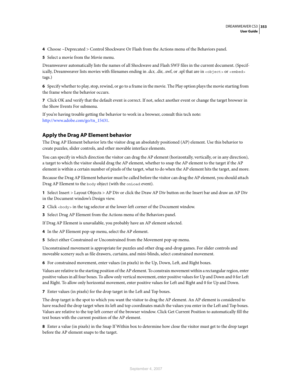 Apply the drag ap element behavior | Adobe Dreamweaver CS3 User Manual | Page 360 / 738