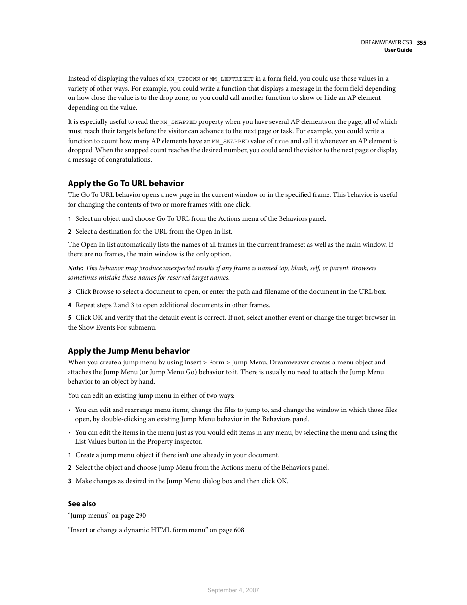 Apply the go to url behavior, Apply the jump menu behavior | Adobe Dreamweaver CS3 User Manual | Page 362 / 738