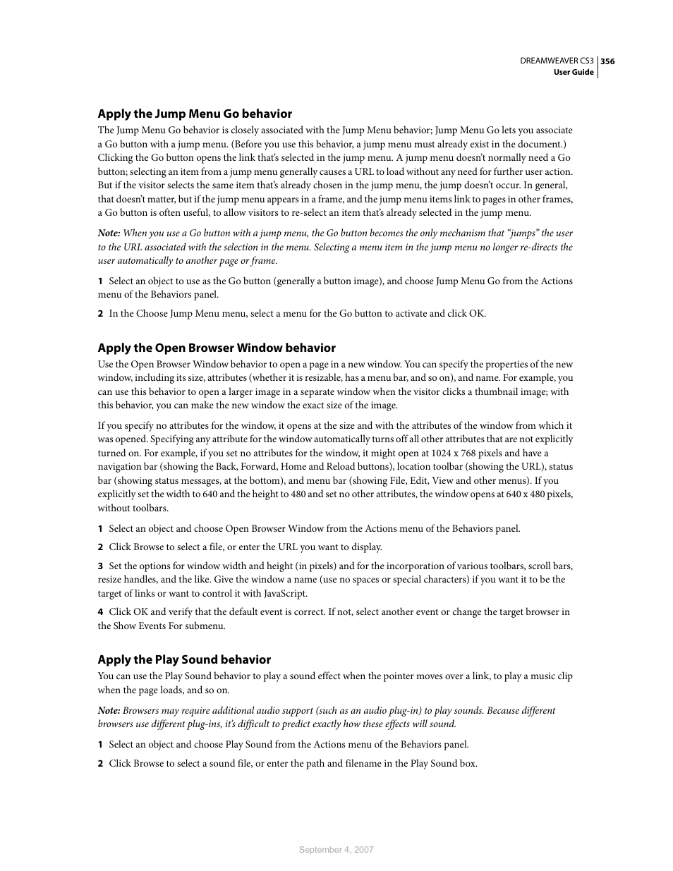 Apply the jump menu go behavior, Apply the open browser window behavior, Apply the play sound behavior | Adobe Dreamweaver CS3 User Manual | Page 363 / 738