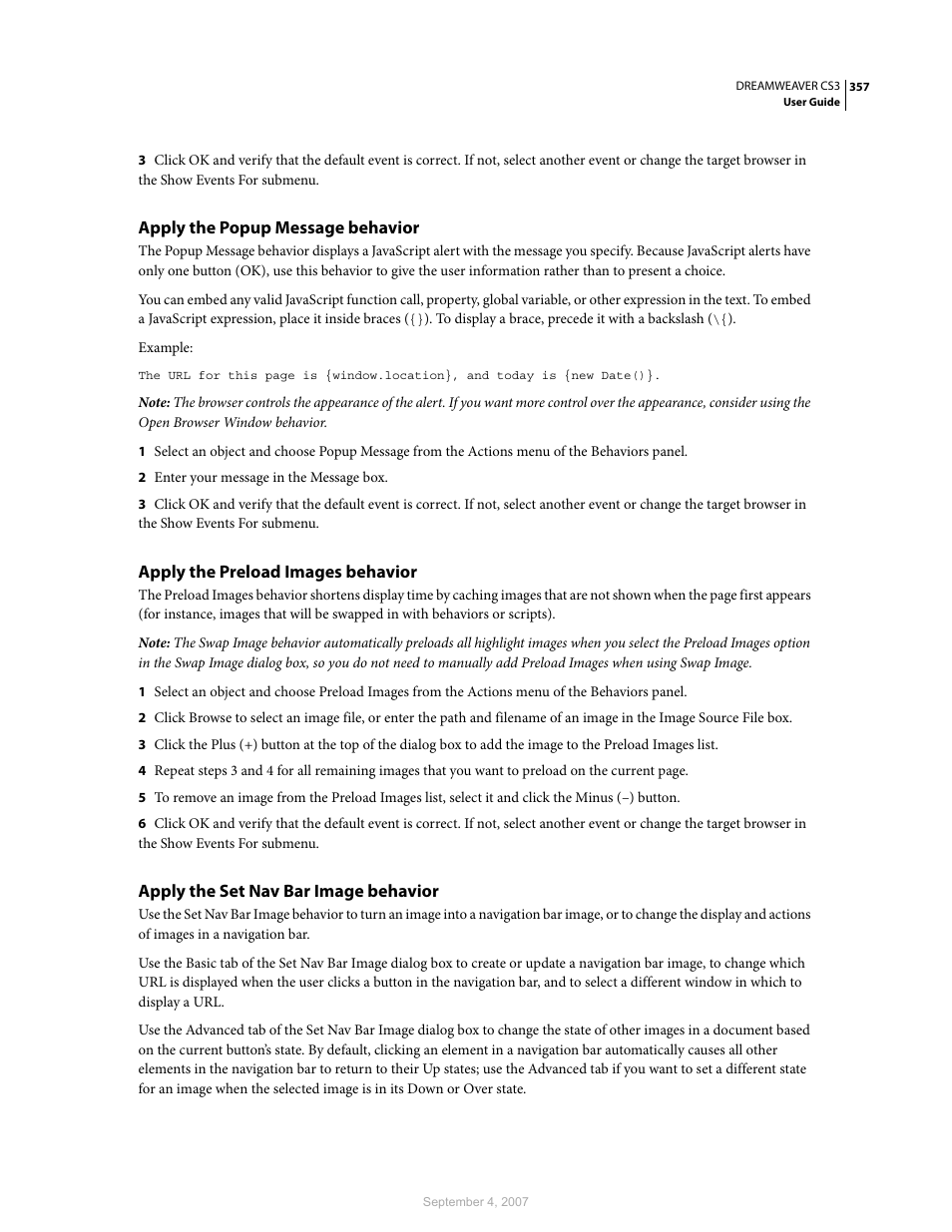 Apply the popup message behavior, Apply the preload images behavior, Apply the set nav bar image behavior | Adobe Dreamweaver CS3 User Manual | Page 364 / 738