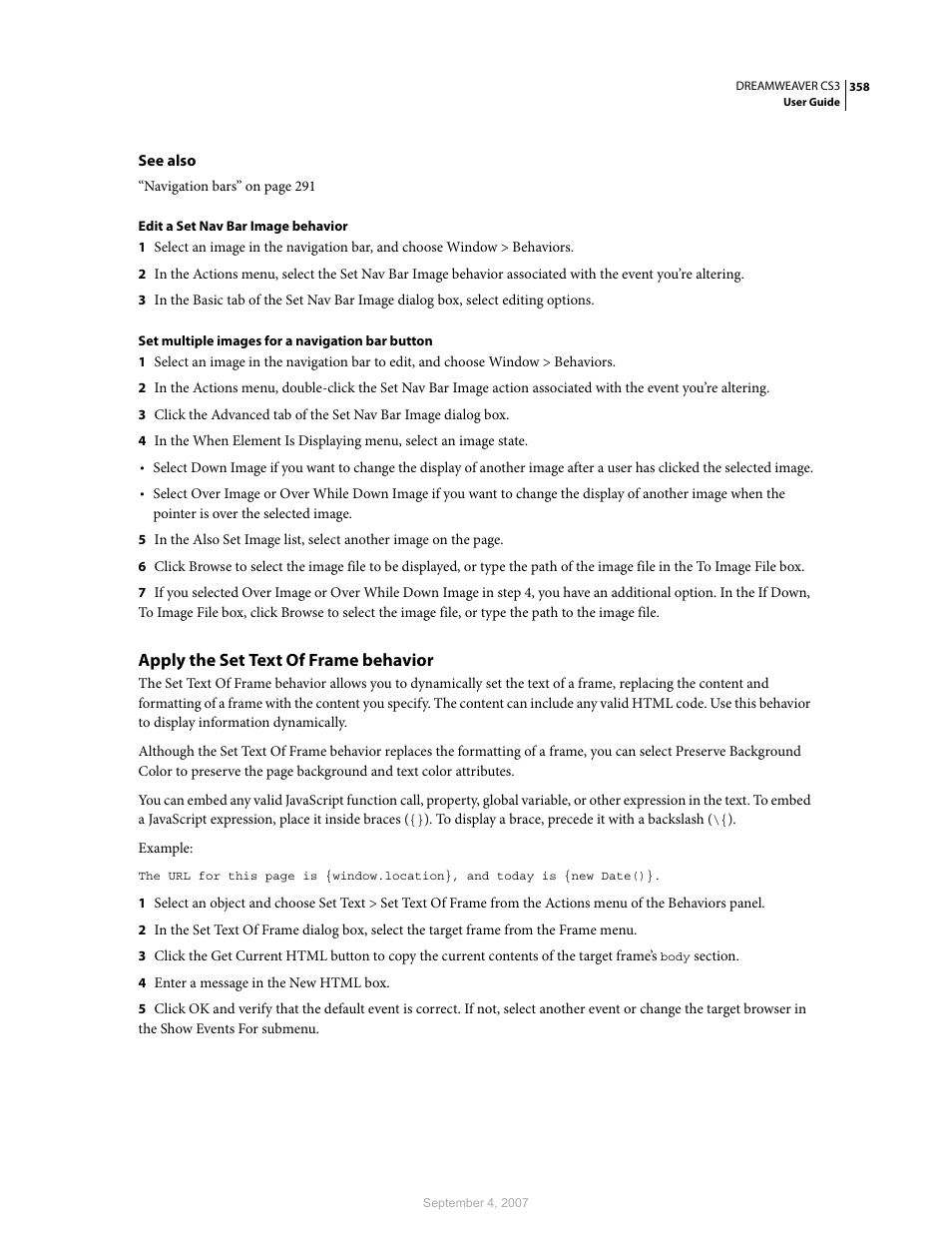 Apply the set text of frame behavior | Adobe Dreamweaver CS3 User Manual | Page 365 / 738