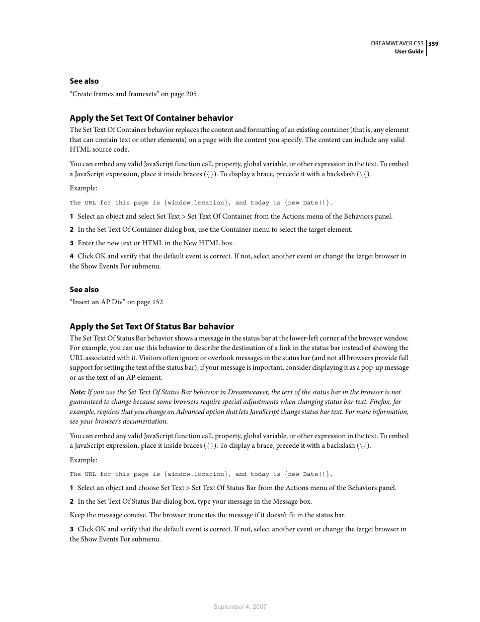 Apply the set text of container behavior, Apply the set text of status bar behavior | Adobe Dreamweaver CS3 User Manual | Page 366 / 738