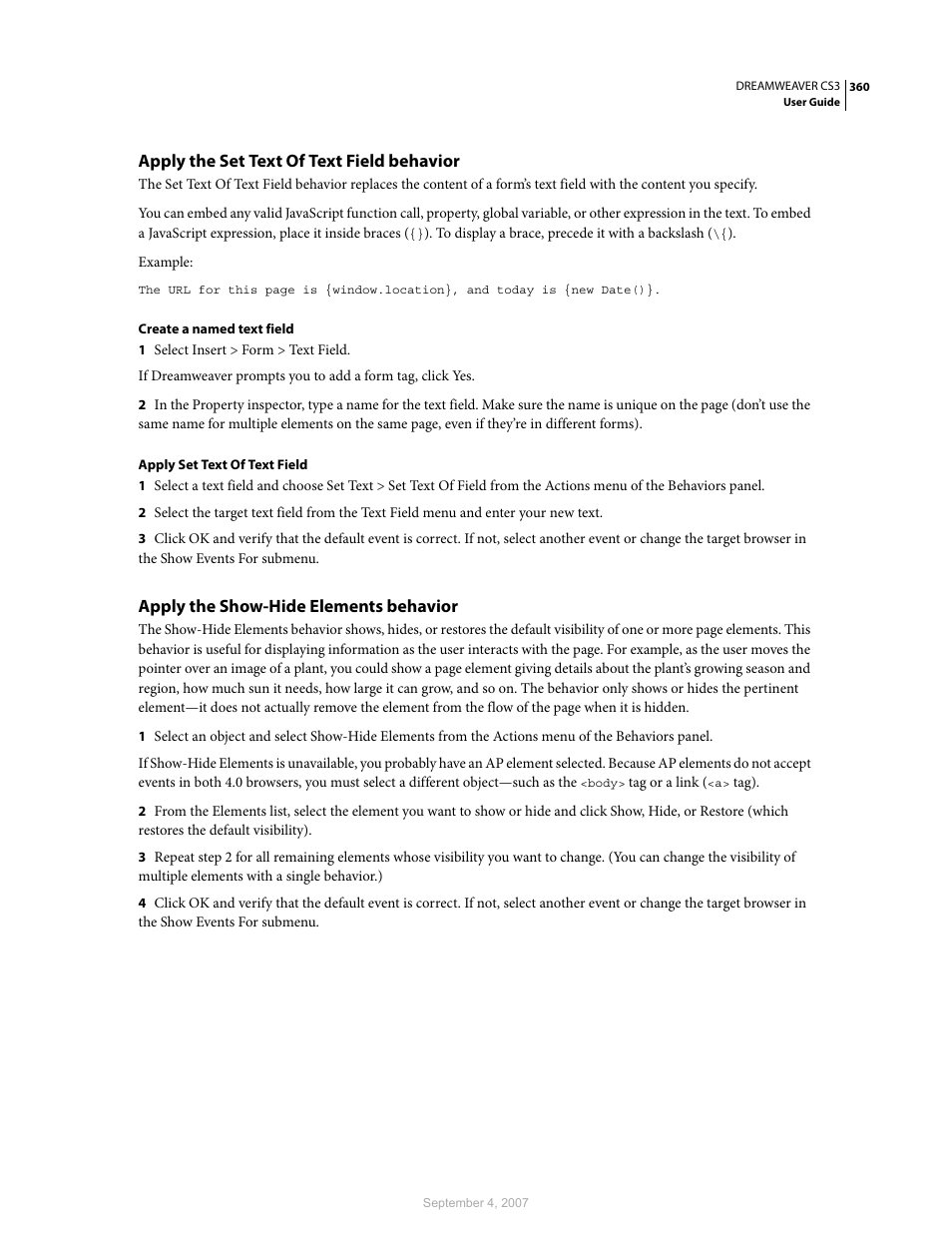 Apply the set text of text field behavior, Apply the show-hide elements behavior | Adobe Dreamweaver CS3 User Manual | Page 367 / 738