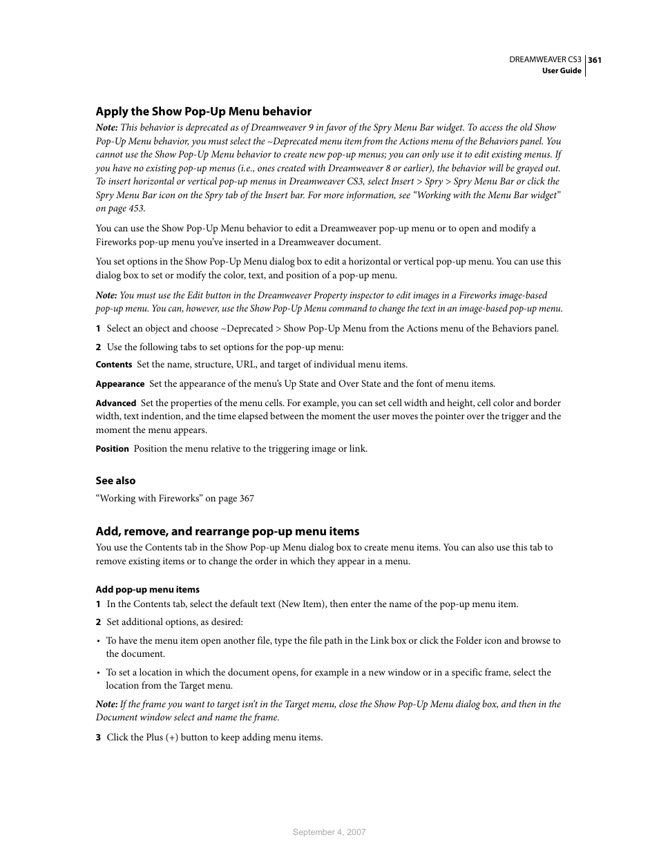 Apply the show pop-up menu behavior, Add, remove, and rearrange pop-up menu items | Adobe Dreamweaver CS3 User Manual | Page 368 / 738