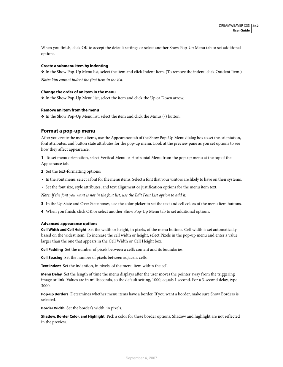 Format a pop-up menu | Adobe Dreamweaver CS3 User Manual | Page 369 / 738