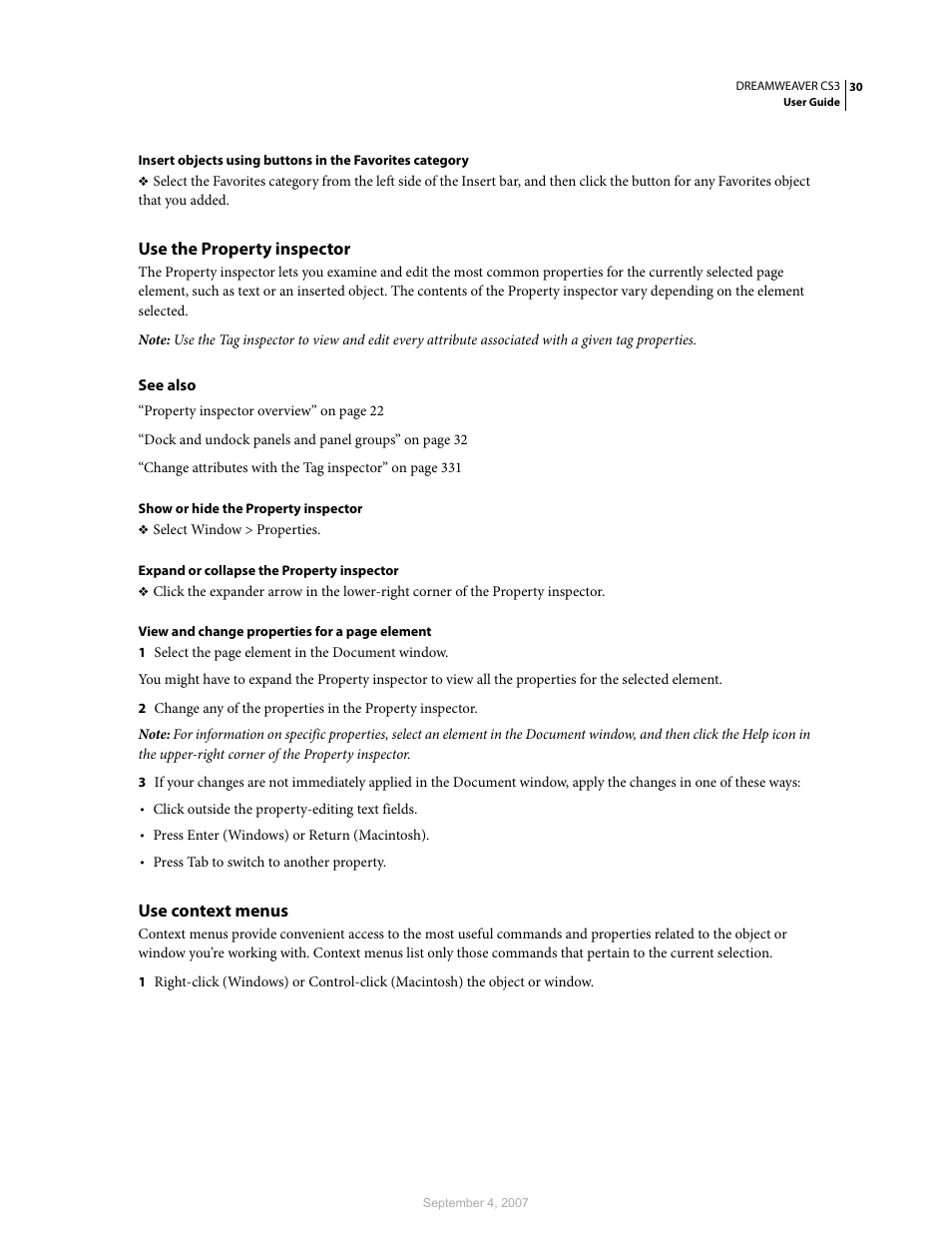 Use the property inspector, Use context menus | Adobe Dreamweaver CS3 User Manual | Page 37 / 738