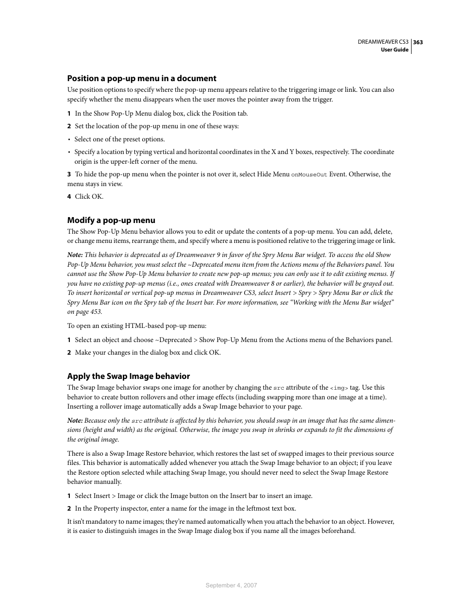 Position a pop-up menu in a document, Modify a pop-up menu, Apply the swap image behavior | Adobe Dreamweaver CS3 User Manual | Page 370 / 738