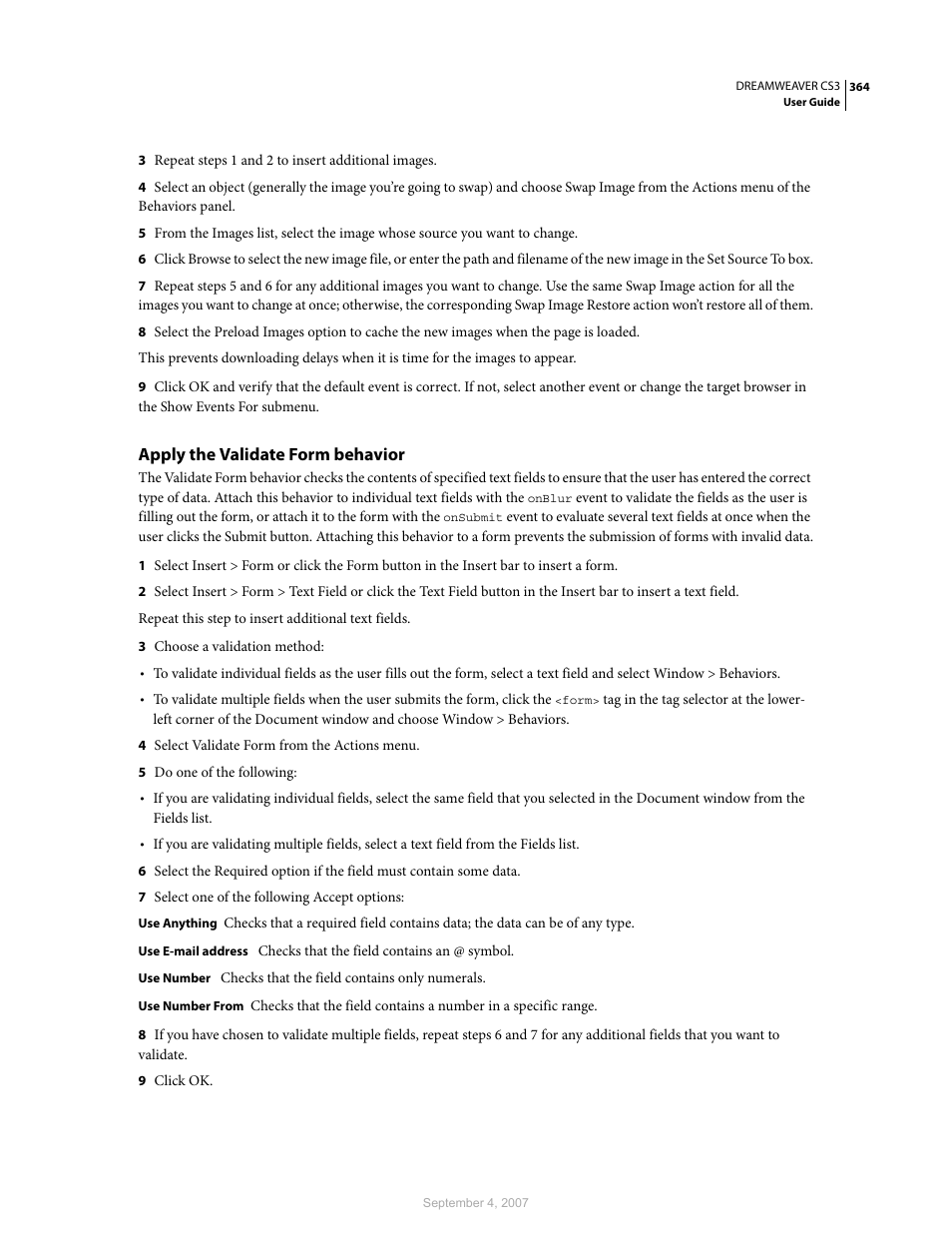Apply the validate form behavior | Adobe Dreamweaver CS3 User Manual | Page 371 / 738