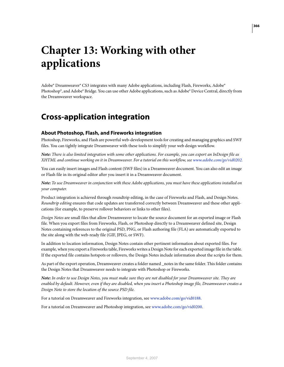 Chapter 13: working with other applications, Cross-application integration, About photoshop, flash, and fireworks integration | Adobe Dreamweaver CS3 User Manual | Page 373 / 738