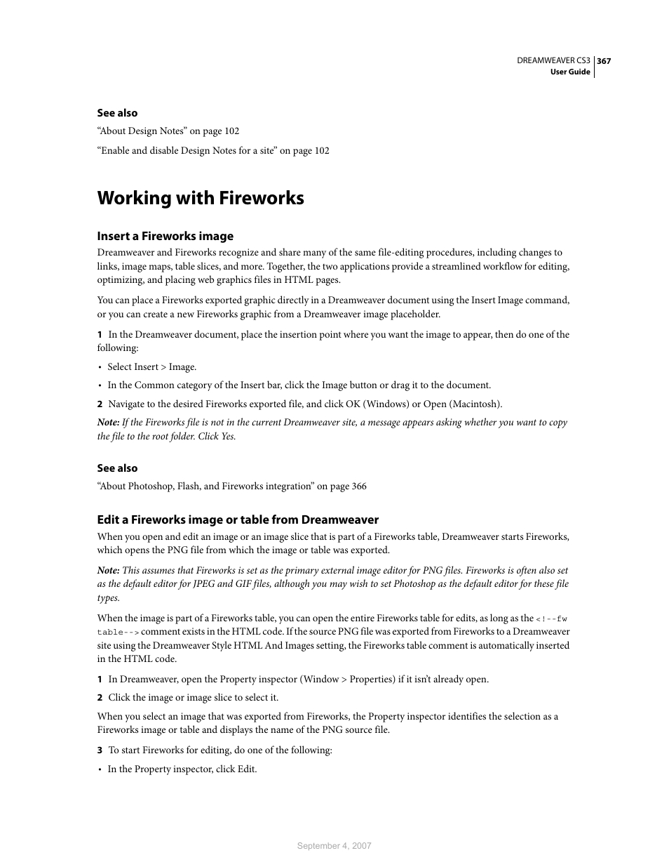 Working with fireworks, Insert a fireworks image, Edit a fireworks image or table from dreamweaver | Adobe Dreamweaver CS3 User Manual | Page 374 / 738