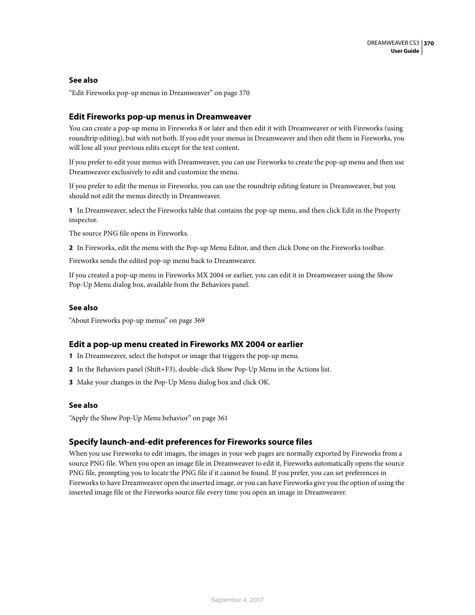 Edit fireworks pop-up menus in dreamweaver | Adobe Dreamweaver CS3 User Manual | Page 377 / 738