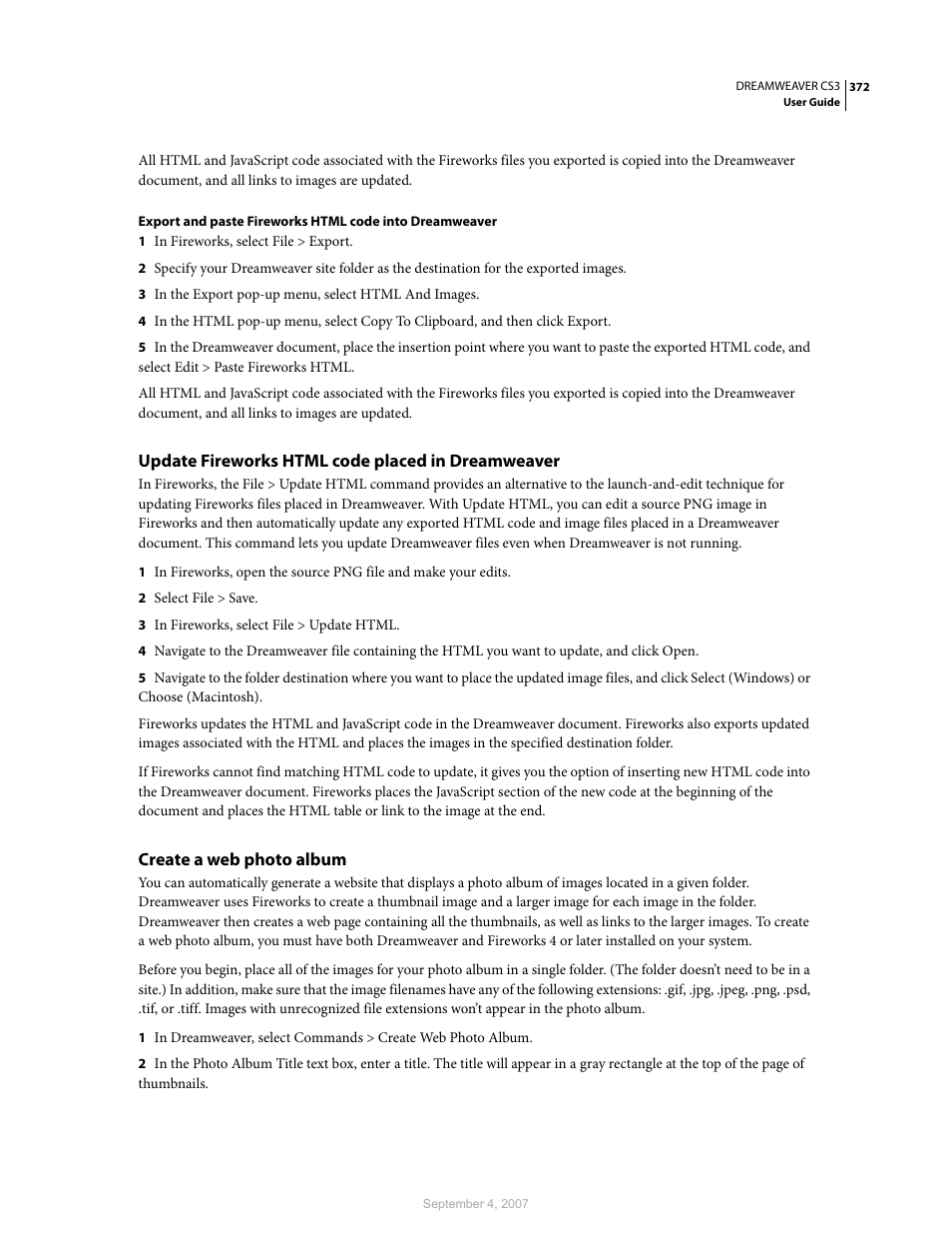 Update fireworks html code placed in dreamweaver, Create a web photo album | Adobe Dreamweaver CS3 User Manual | Page 379 / 738