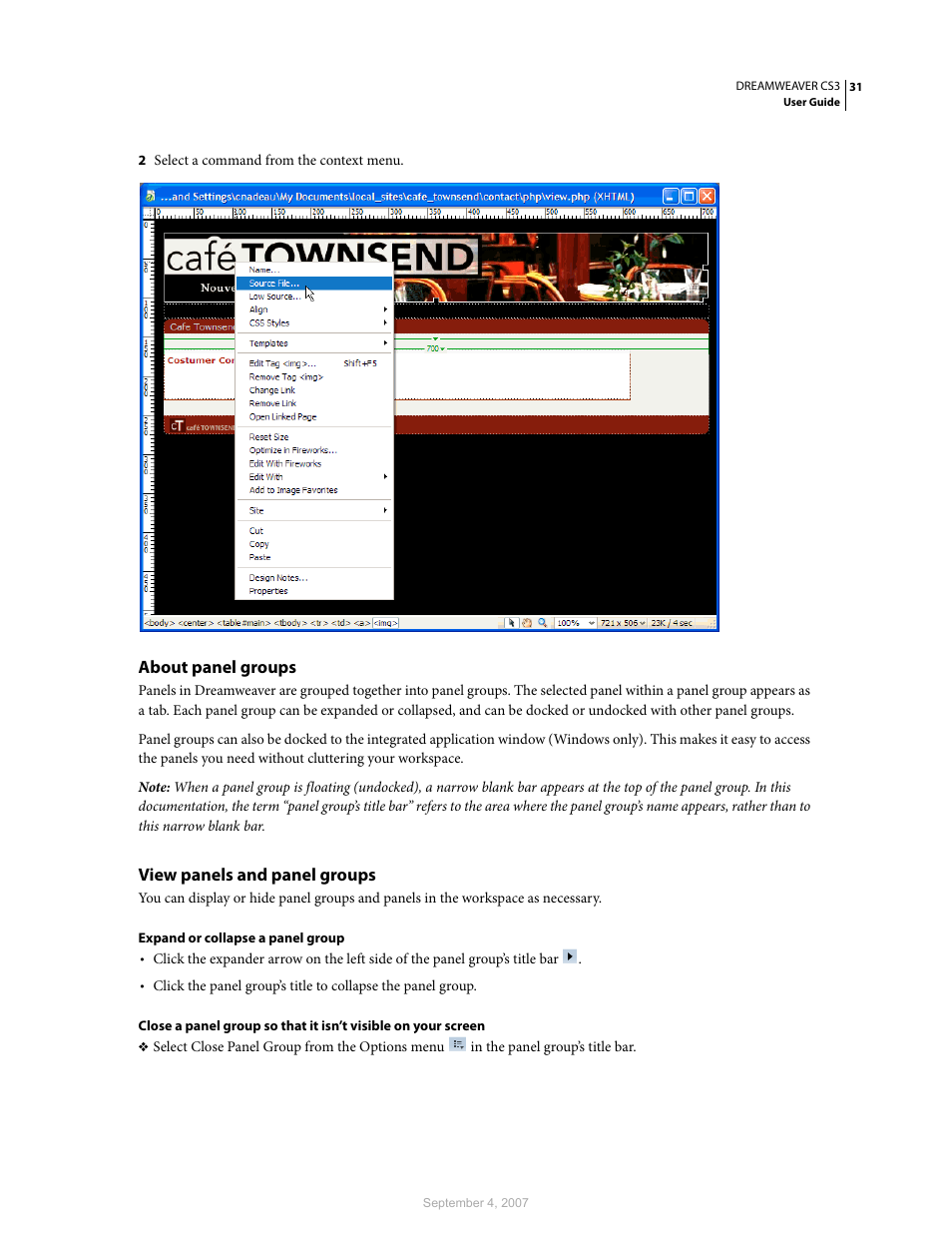 About panel groups, View panels and panel groups | Adobe Dreamweaver CS3 User Manual | Page 38 / 738