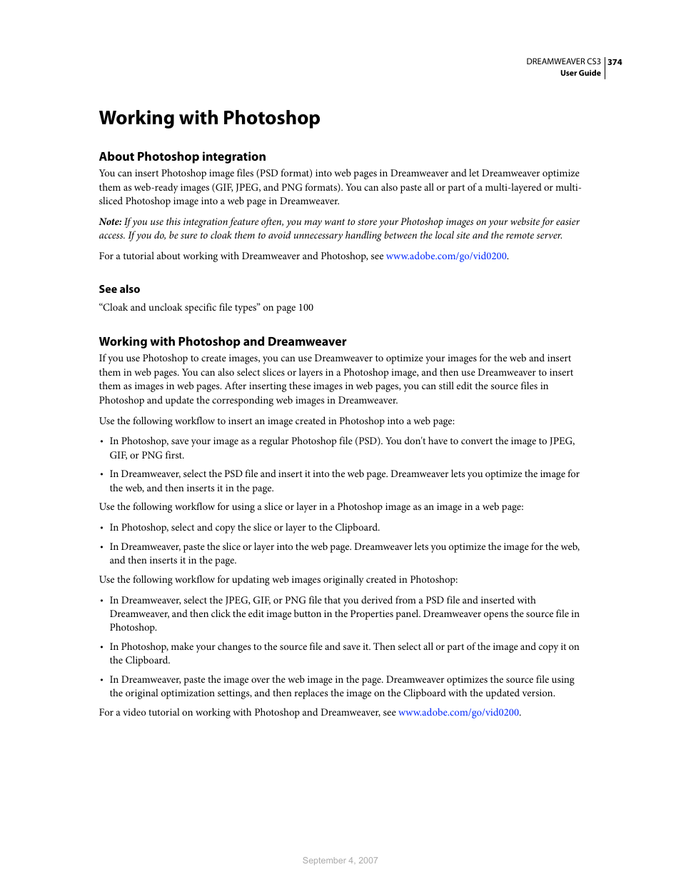 Working with photoshop, About photoshop integration, Working with photoshop and dreamweaver | Adobe Dreamweaver CS3 User Manual | Page 381 / 738