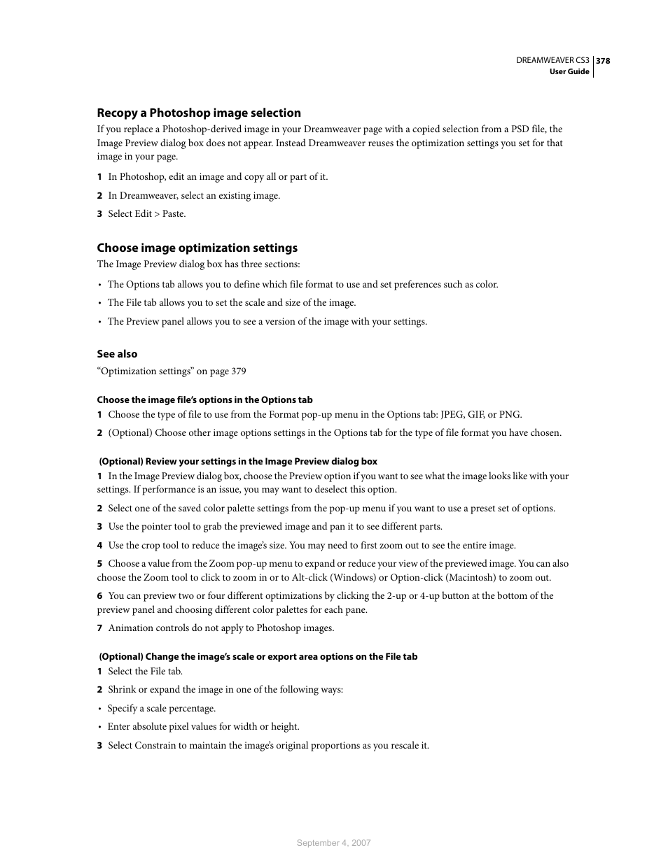 Recopy a photoshop image selection, Choose image optimization settings | Adobe Dreamweaver CS3 User Manual | Page 385 / 738