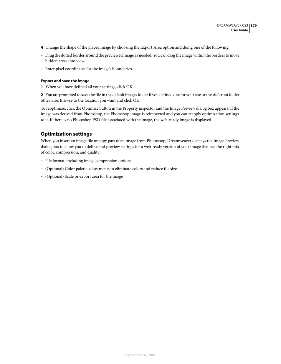 Optimization settings | Adobe Dreamweaver CS3 User Manual | Page 386 / 738