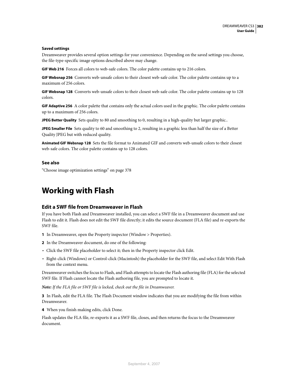 Working with flash, Edit a swf file from dreamweaver in flash | Adobe Dreamweaver CS3 User Manual | Page 389 / 738