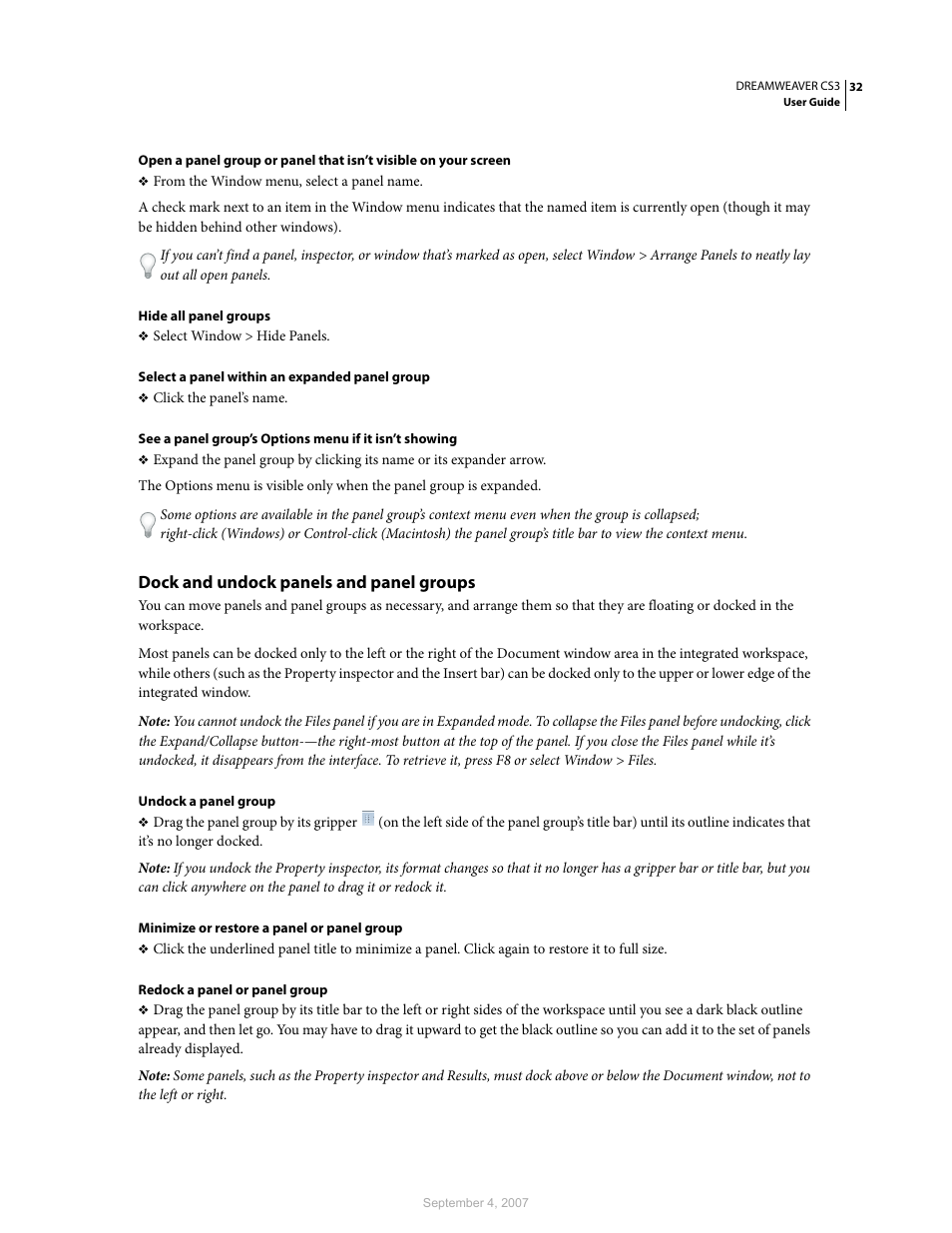 Dock and undock panels and panel groups | Adobe Dreamweaver CS3 User Manual | Page 39 / 738