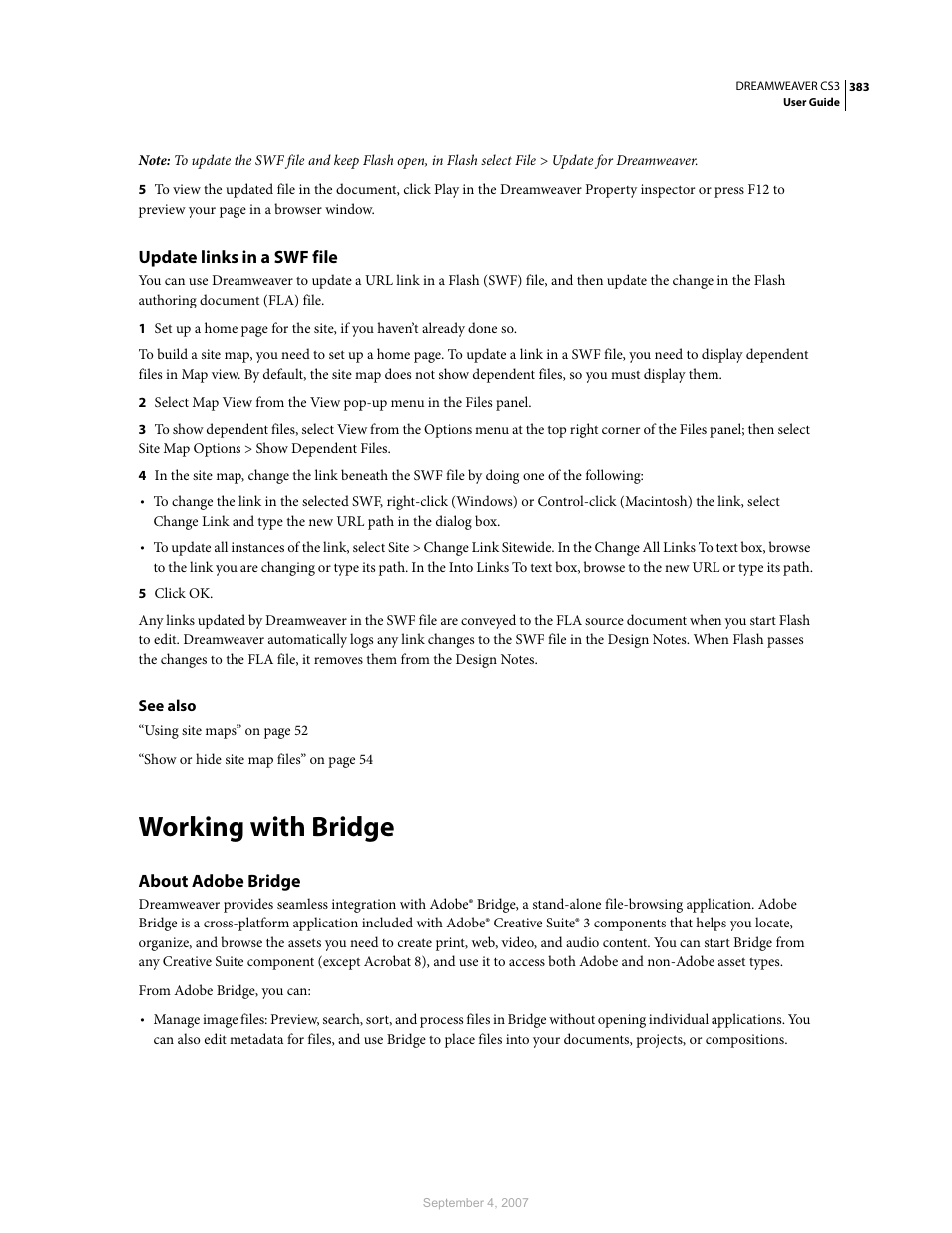 Update links in a swf file, Working with bridge, About adobe bridge | Adobe Dreamweaver CS3 User Manual | Page 390 / 738