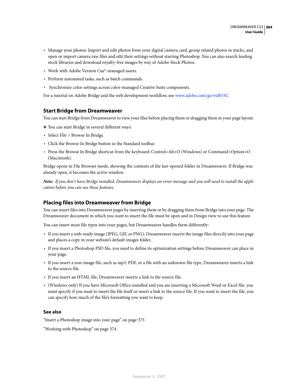 Start bridge from dreamweaver, Placing files into dreamweaver from bridge | Adobe Dreamweaver CS3 User Manual | Page 391 / 738