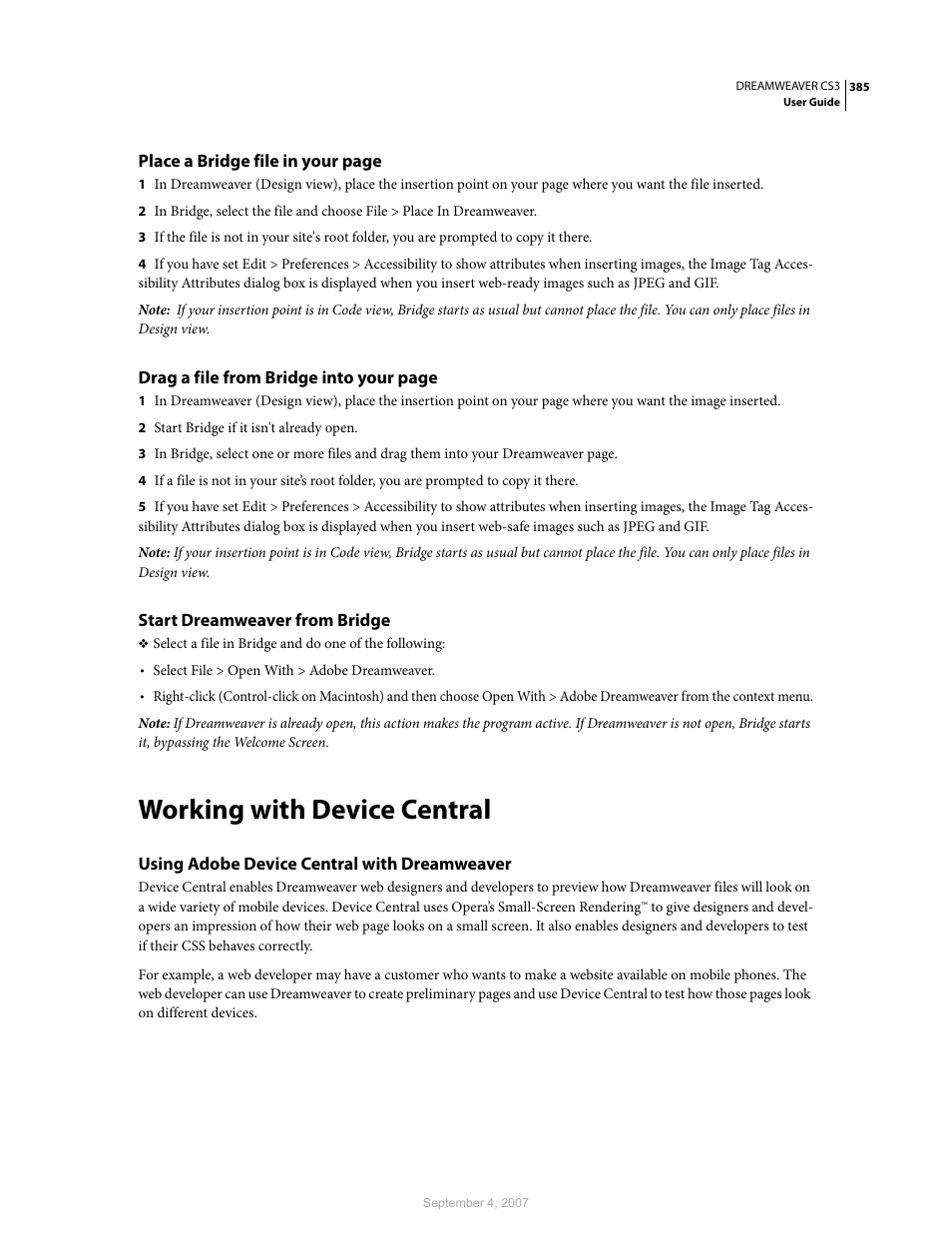 Start dreamweaver from bridge, Working with device central, Using adobe device central with dreamweaver | Adobe Dreamweaver CS3 User Manual | Page 392 / 738