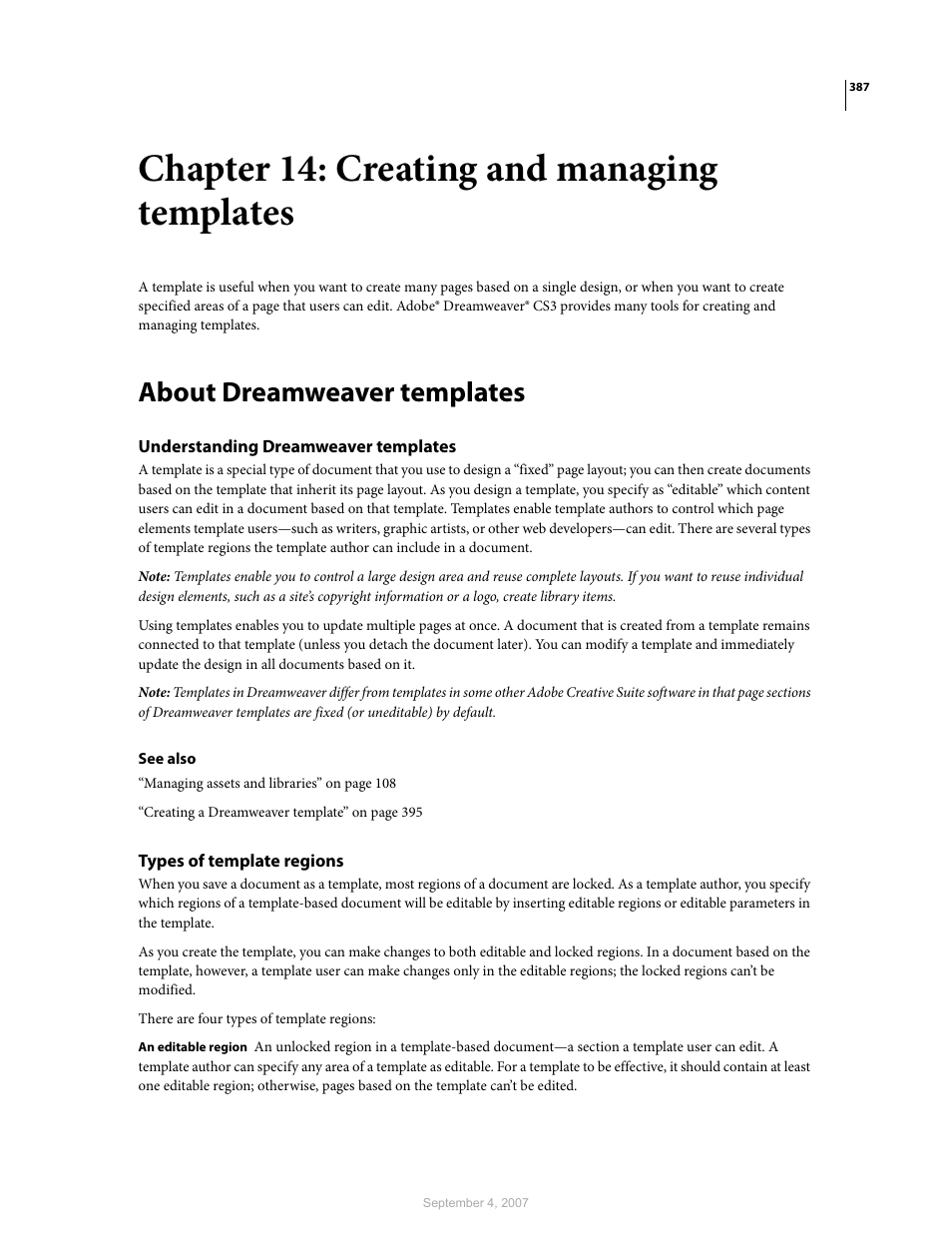Chapter 14: creating and managing templates, About dreamweaver templates, Understanding dreamweaver templates | Types of template regions | Adobe Dreamweaver CS3 User Manual | Page 394 / 738