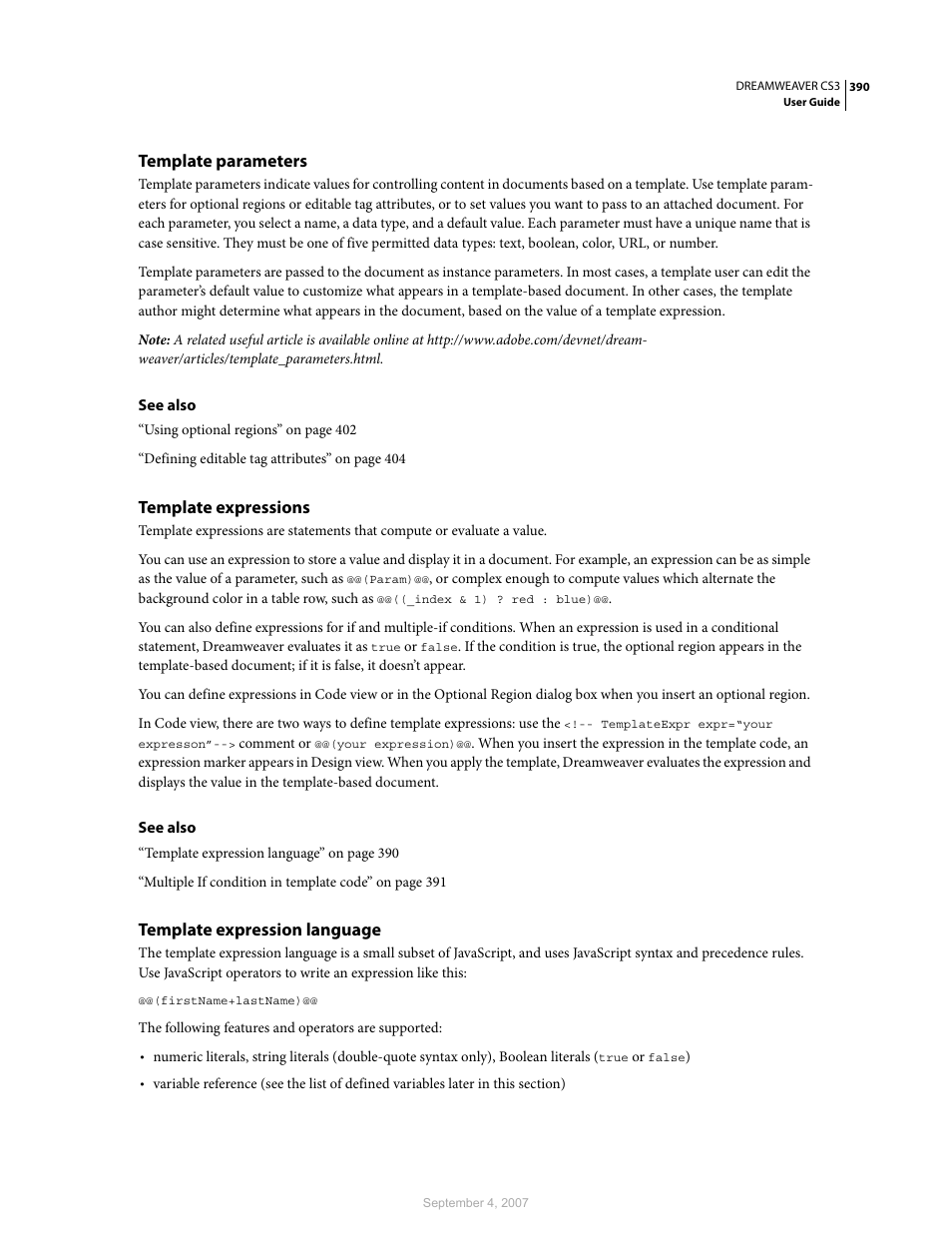 Template parameters, Template expressions, Template expression language | Adobe Dreamweaver CS3 User Manual | Page 397 / 738