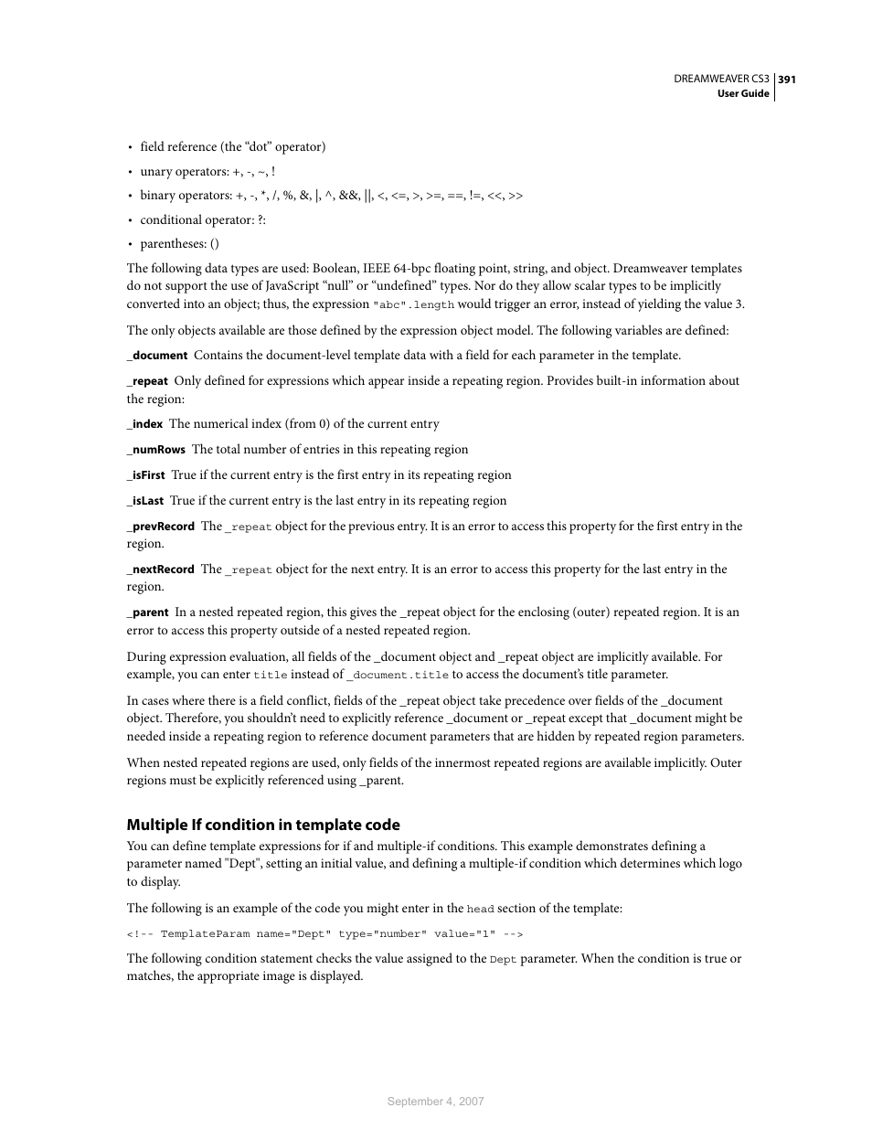 Multiple if condition in template code | Adobe Dreamweaver CS3 User Manual | Page 398 / 738