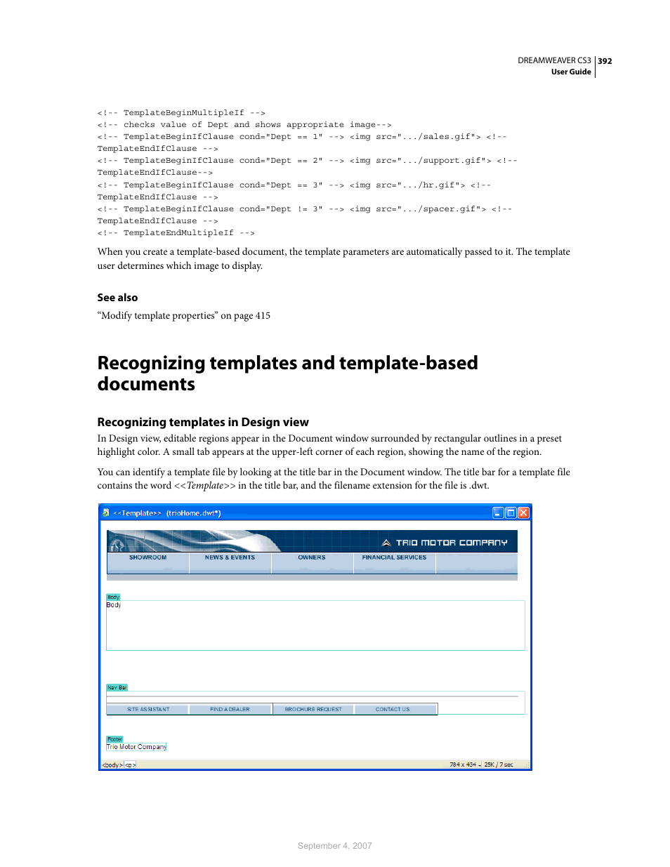 Recognizing templates and template-based documents, Recognizing templates in design view | Adobe Dreamweaver CS3 User Manual | Page 399 / 738