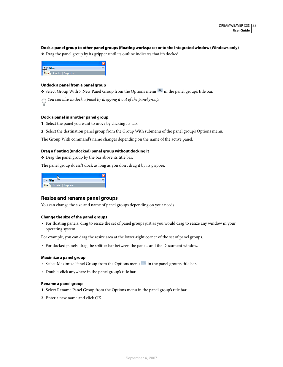 Resize and rename panel groups | Adobe Dreamweaver CS3 User Manual | Page 40 / 738