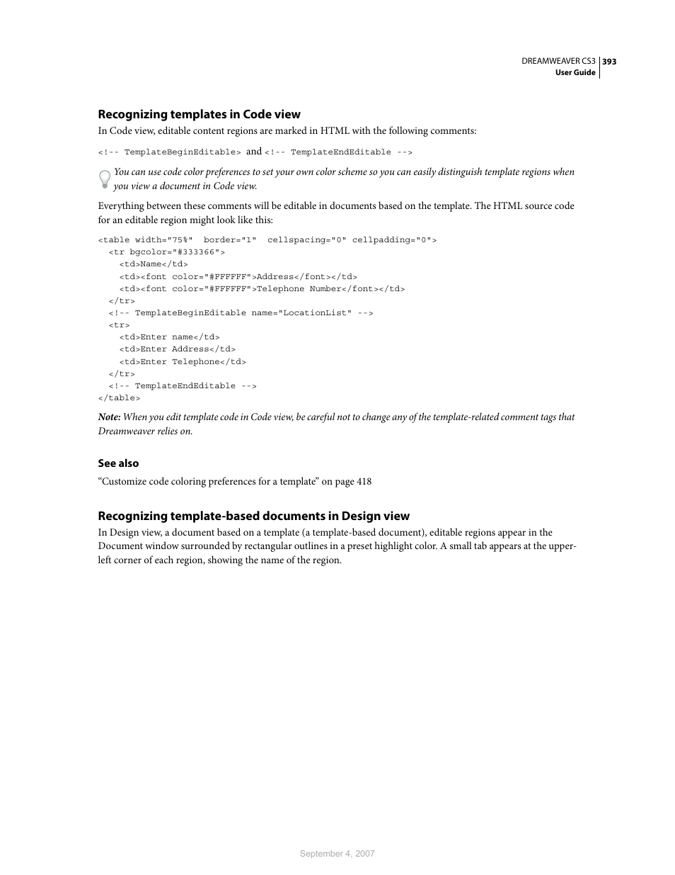 Recognizing templates in code view | Adobe Dreamweaver CS3 User Manual | Page 400 / 738