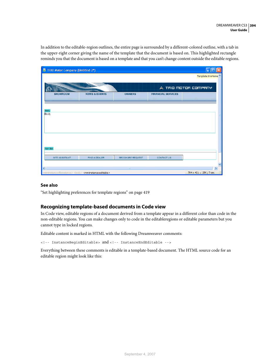 Recognizing template-based documents in code view | Adobe Dreamweaver CS3 User Manual | Page 401 / 738