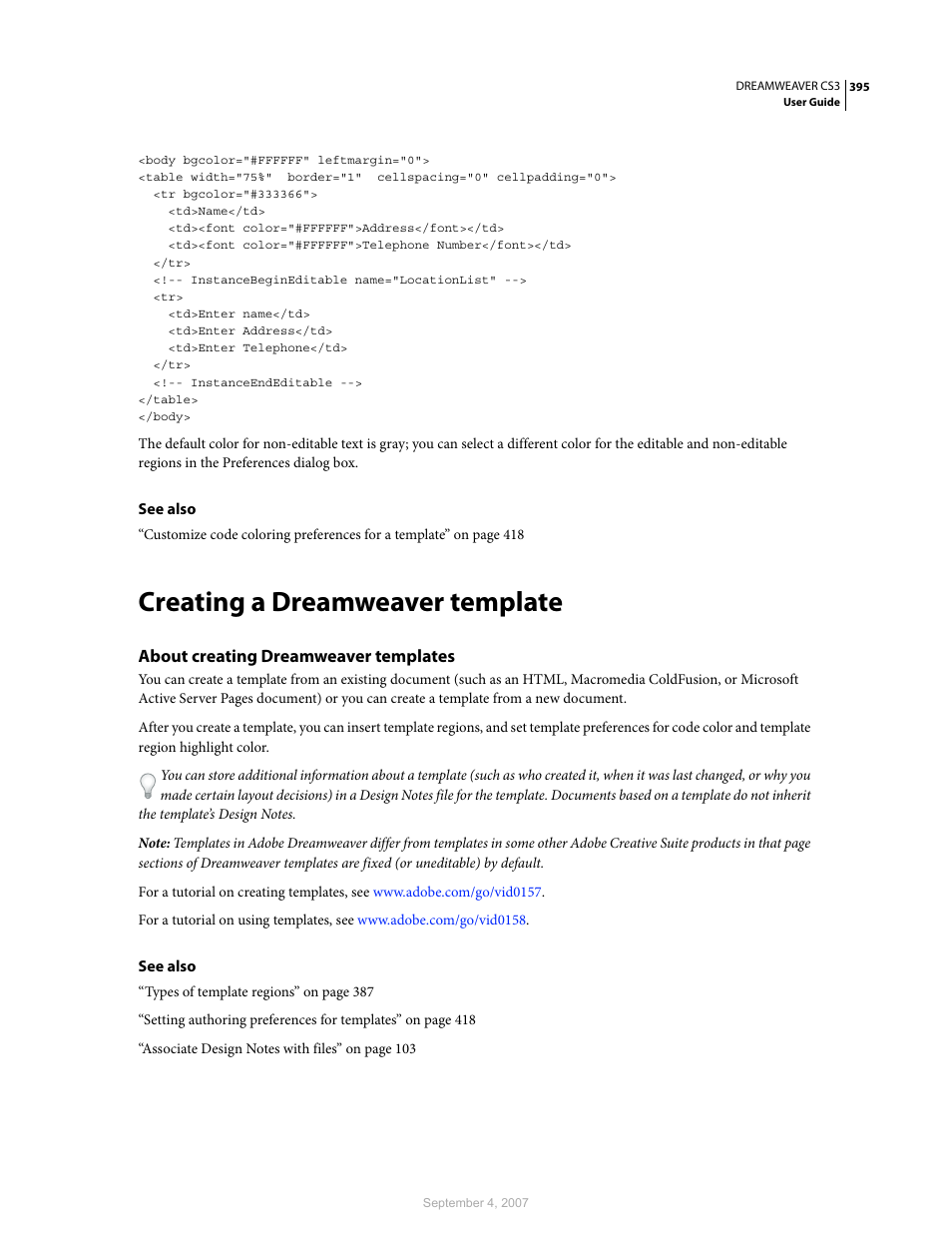 Creating a dreamweaver template, About creating dreamweaver templates | Adobe Dreamweaver CS3 User Manual | Page 402 / 738