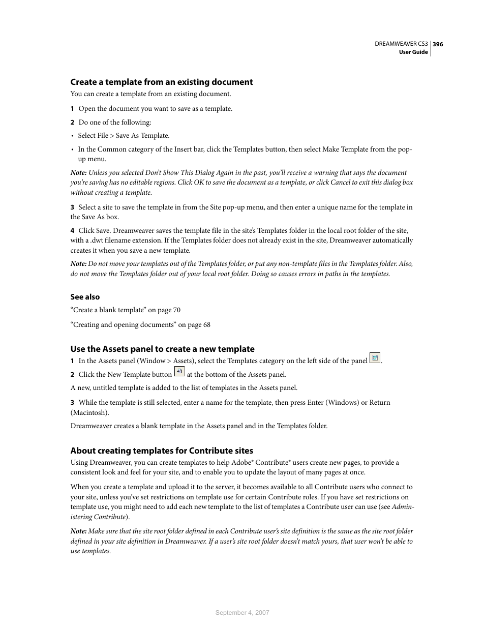 Create a template from an existing document, Use the assets panel to create a new template, About creating templates for contribute sites | Adobe Dreamweaver CS3 User Manual | Page 403 / 738