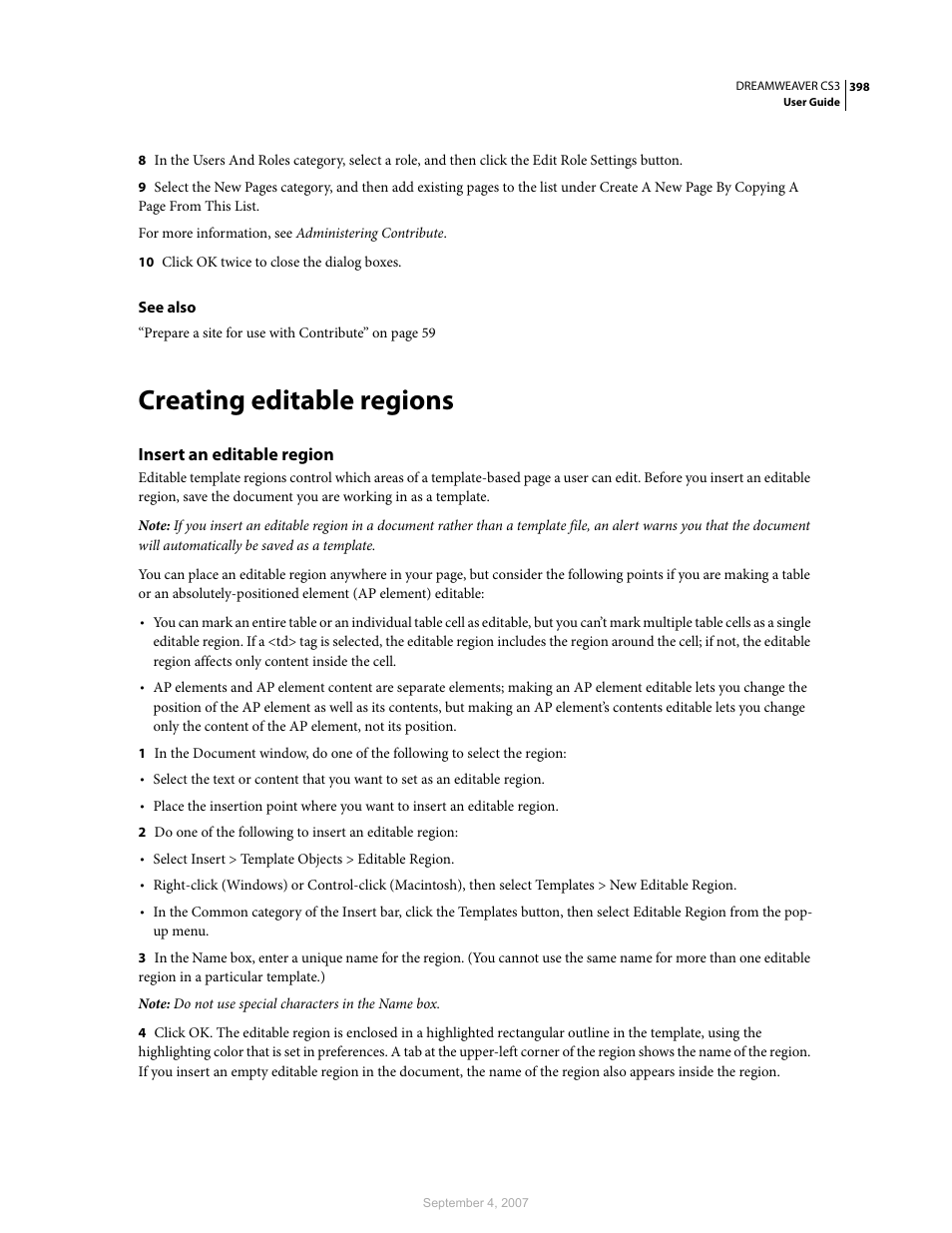 Creating editable regions, Insert an editable region | Adobe Dreamweaver CS3 User Manual | Page 405 / 738