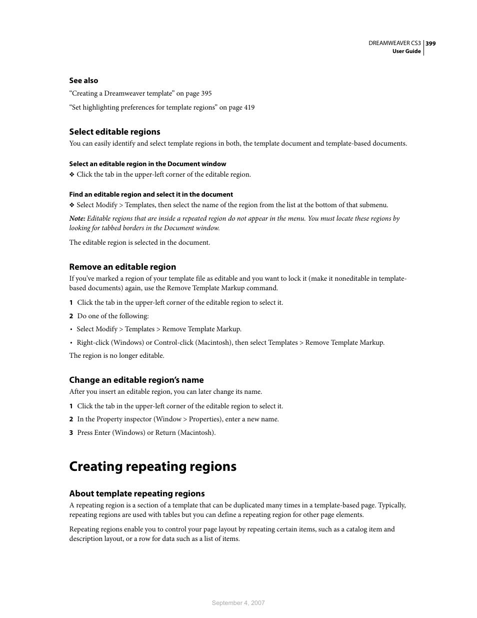 Select editable regions, Remove an editable region, Change an editable region’s name | Creating repeating regions, About template repeating regions | Adobe Dreamweaver CS3 User Manual | Page 406 / 738