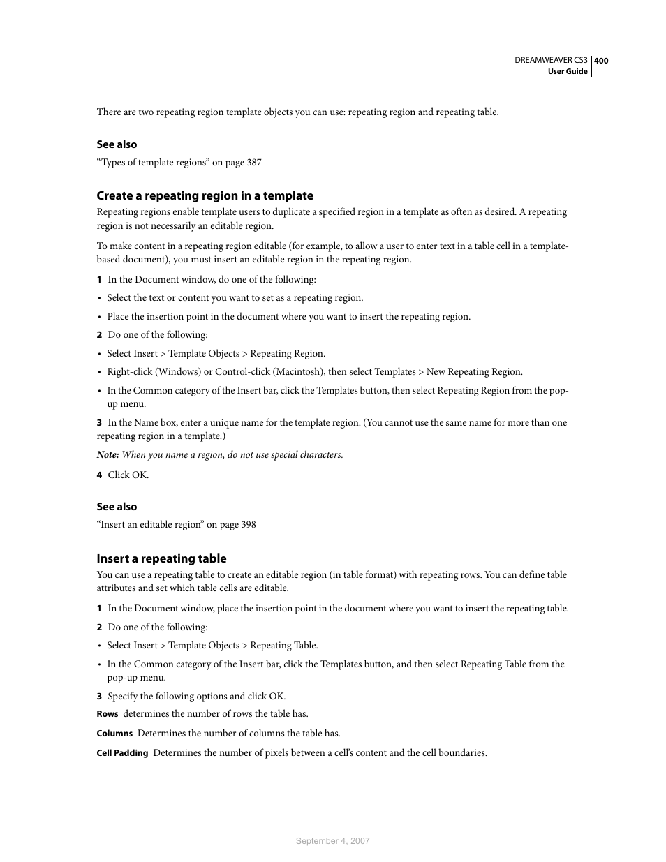 Create a repeating region in a template, Insert a repeating table | Adobe Dreamweaver CS3 User Manual | Page 407 / 738