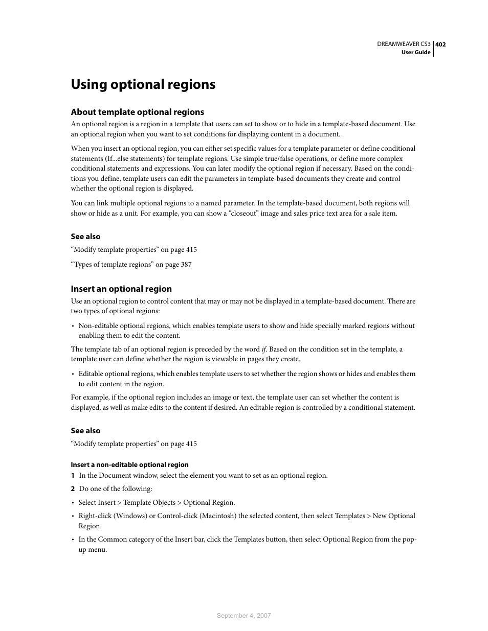 Using optional regions, About template optional regions, Insert an optional region | Adobe Dreamweaver CS3 User Manual | Page 409 / 738