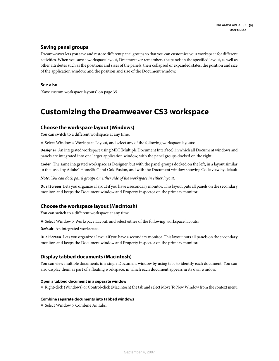 Saving panel groups, Customizing the dreamweaver cs3 workspace, Choose the workspace layout (windows) | Choose the workspace layout (macintosh), Display tabbed documents (macintosh) | Adobe Dreamweaver CS3 User Manual | Page 41 / 738