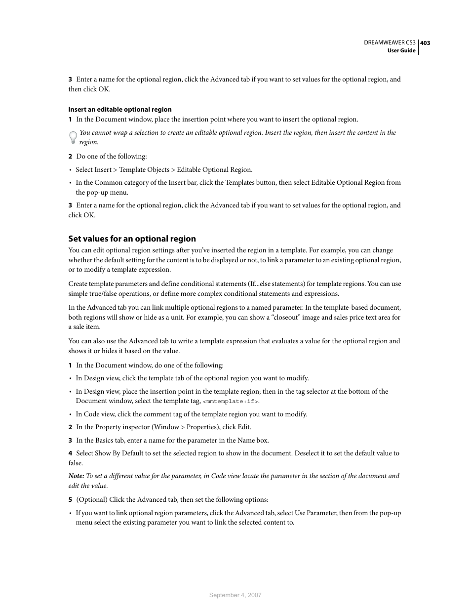 Set values for an optional region | Adobe Dreamweaver CS3 User Manual | Page 410 / 738