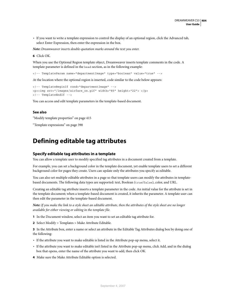 Defining editable tag attributes, Specify editable tag attributes in a template | Adobe Dreamweaver CS3 User Manual | Page 411 / 738