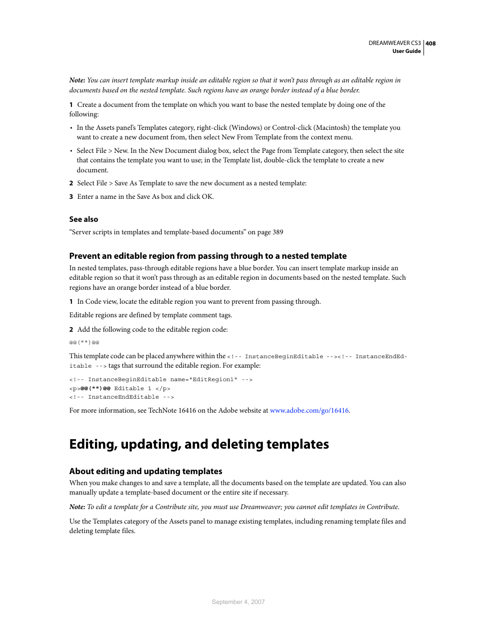 Editing, updating, and deleting templates, About editing and updating templates | Adobe Dreamweaver CS3 User Manual | Page 415 / 738