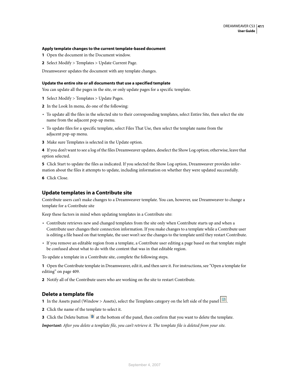 Update templates in a contribute site, Delete a template file | Adobe Dreamweaver CS3 User Manual | Page 418 / 738