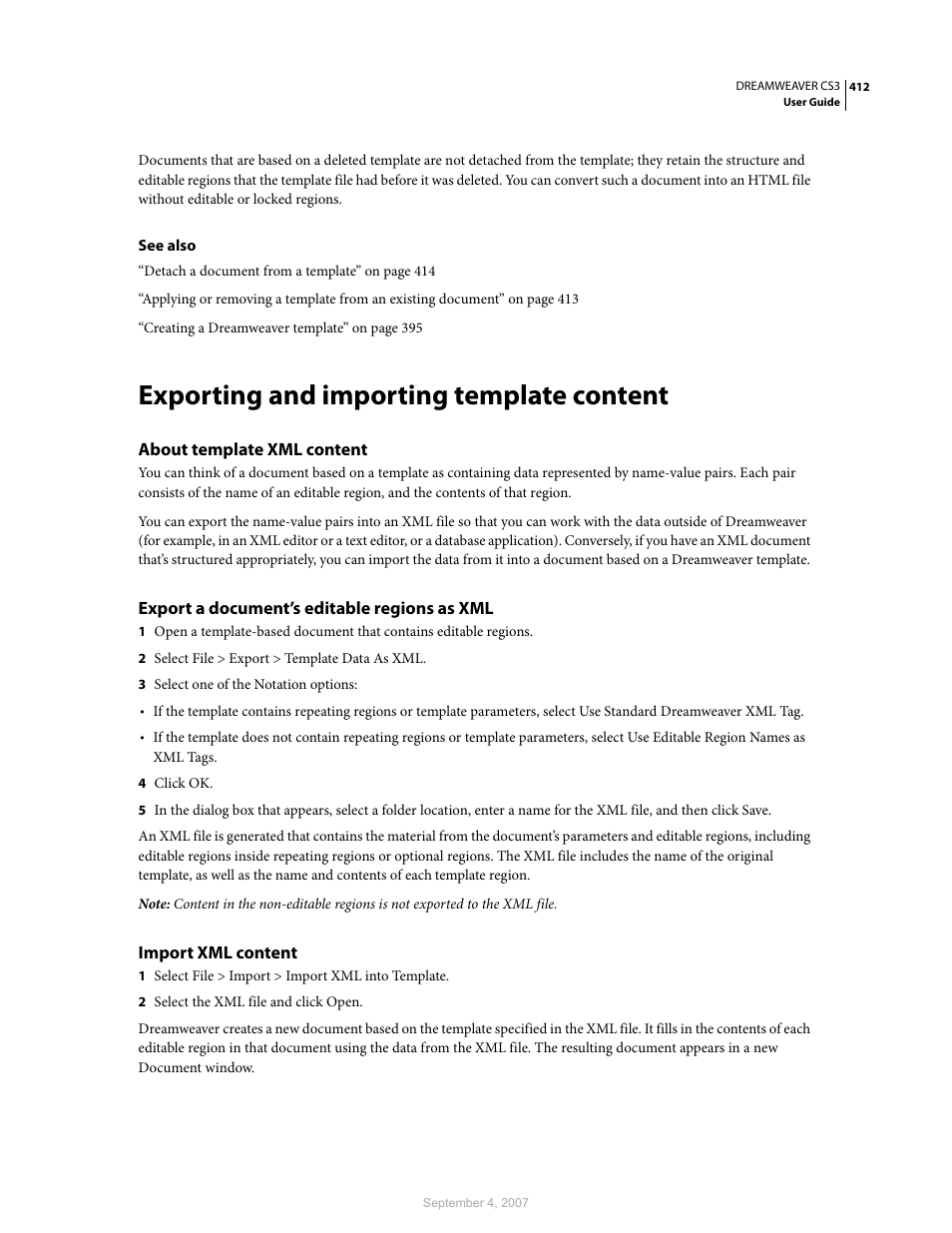 Exporting and importing template content, About template xml content, Export a document’s editable regions as xml | Import xml content | Adobe Dreamweaver CS3 User Manual | Page 419 / 738