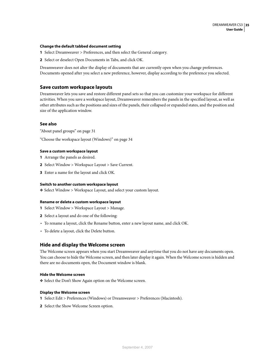 Save custom workspace layouts, Hide and display the welcome screen | Adobe Dreamweaver CS3 User Manual | Page 42 / 738